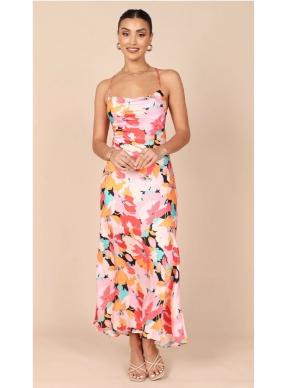 Petal & Pup Floral Satin Posse Cowl Neck Midi Slip Dress Pink Medium - Picture 9 of 9